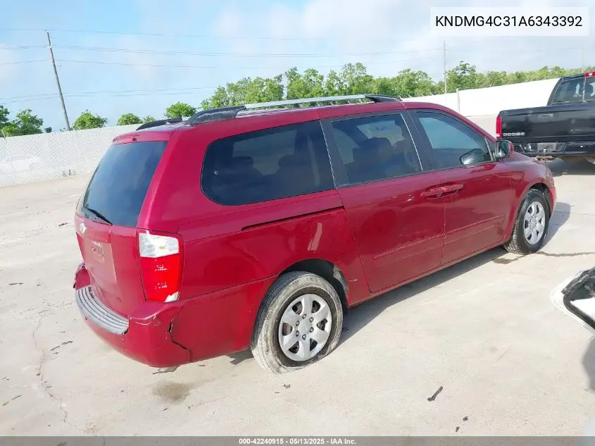 2010 Kia Sedona Lx VIN: KNDMG4C31A6343392 Lot: 42240915