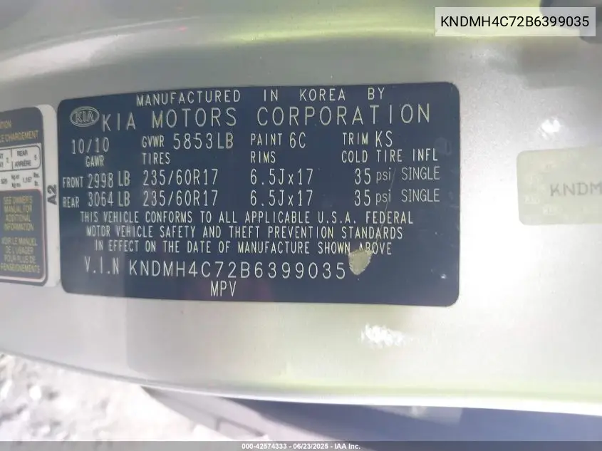 2011 Kia Sedona Ex VIN: KNDMH4C72B6399035 Lot: 42574333