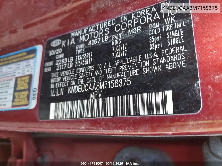 2021 Kia Seltos S VIN: KNDEUCAA8M7158375 Lot: 41783007