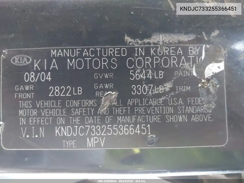 2005 Kia Sorento Ex/Lx VIN: KNDJC733255366451 Lot: 42565844