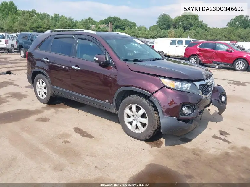2013 Kia Sorento Lx V6 VIN: 5XYKTDA23DG346602 Lot: 42593040