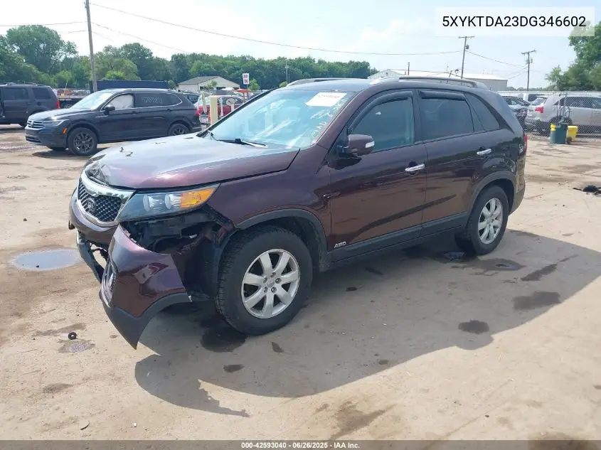 2013 Kia Sorento Lx V6 VIN: 5XYKTDA23DG346602 Lot: 42593040