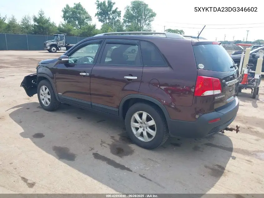 2013 Kia Sorento Lx V6 VIN: 5XYKTDA23DG346602 Lot: 42593040