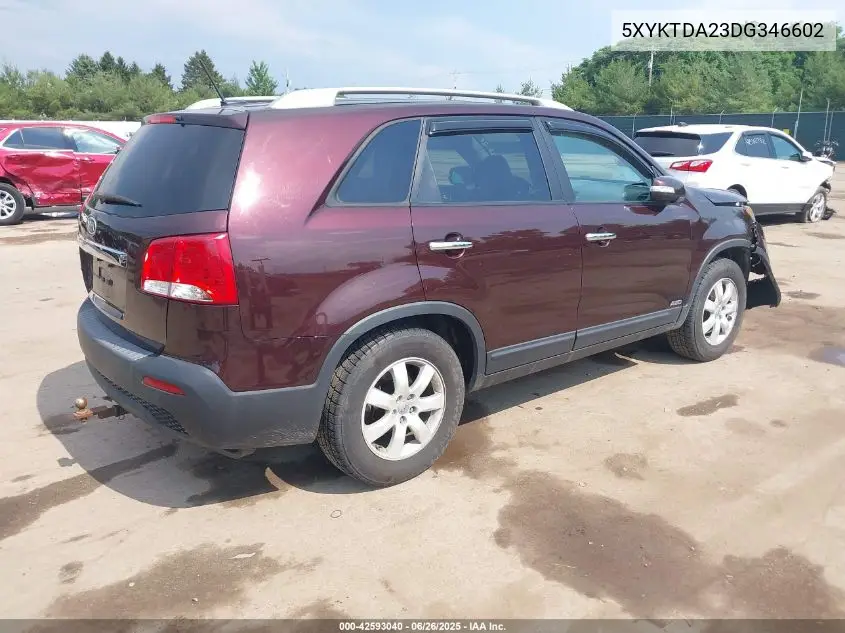 2013 Kia Sorento Lx V6 VIN: 5XYKTDA23DG346602 Lot: 42593040