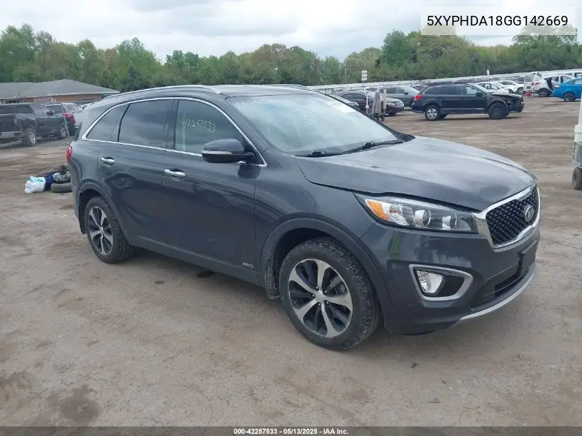 2016 Kia Sorento 2.0T Ex VIN: 5XYPHDA18GG142669 Lot: 42257533