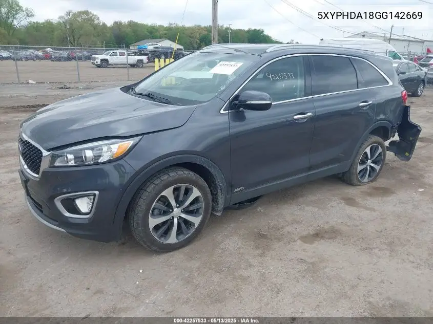 2016 Kia Sorento 2.0T Ex VIN: 5XYPHDA18GG142669 Lot: 42257533