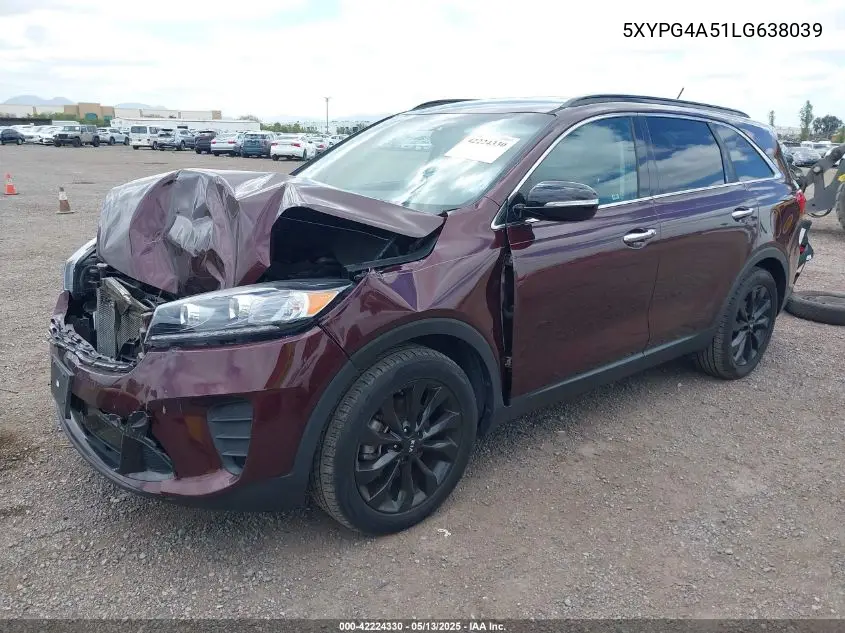 2020 Kia Sorento 3.3L S VIN: 5XYPG4A51LG638039 Lot: 42224330