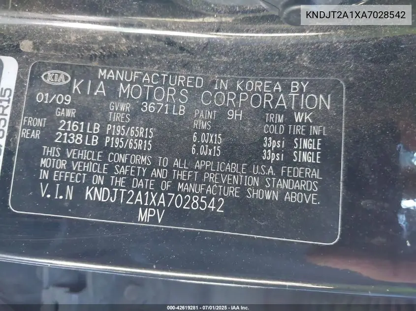 2010 Kia Soul VIN: KNDJT2A1XA7028542 Lot: 42619281
