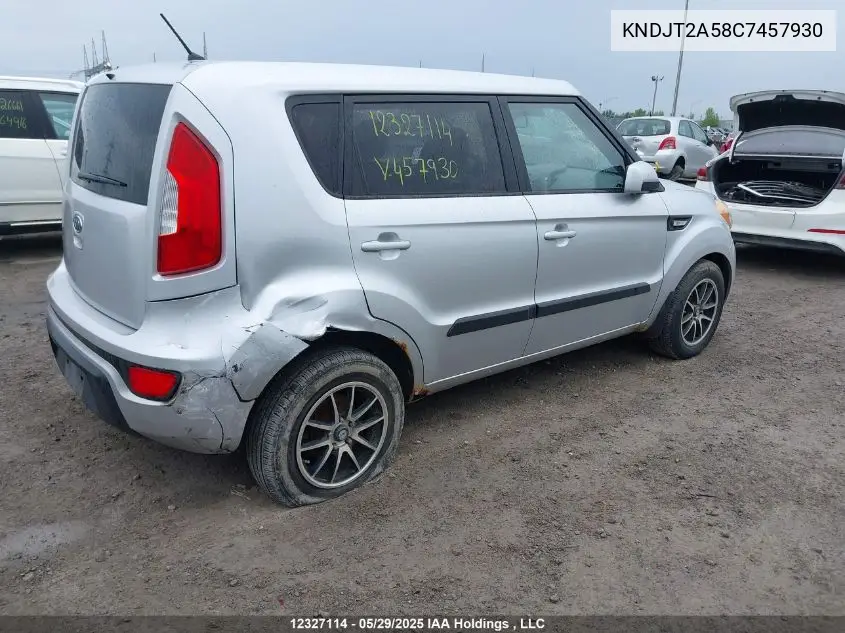 2012 Kia Soul 1.6L VIN: KNDJT2A58C7457930 Lot: 12327114