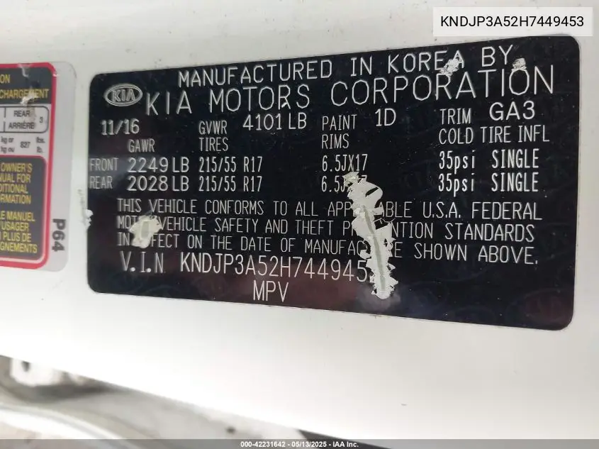 2017 Kia Soul + VIN: KNDJP3A52H7449453 Lot: 42231642