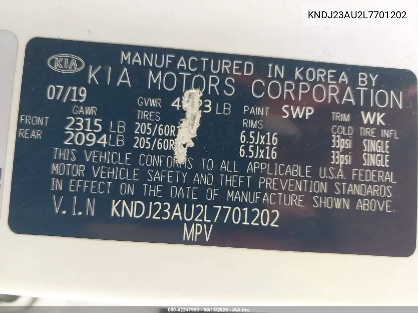 2020 Kia Soul Lx VIN: KNDJ23AU2L7701202 Lot: 42247953