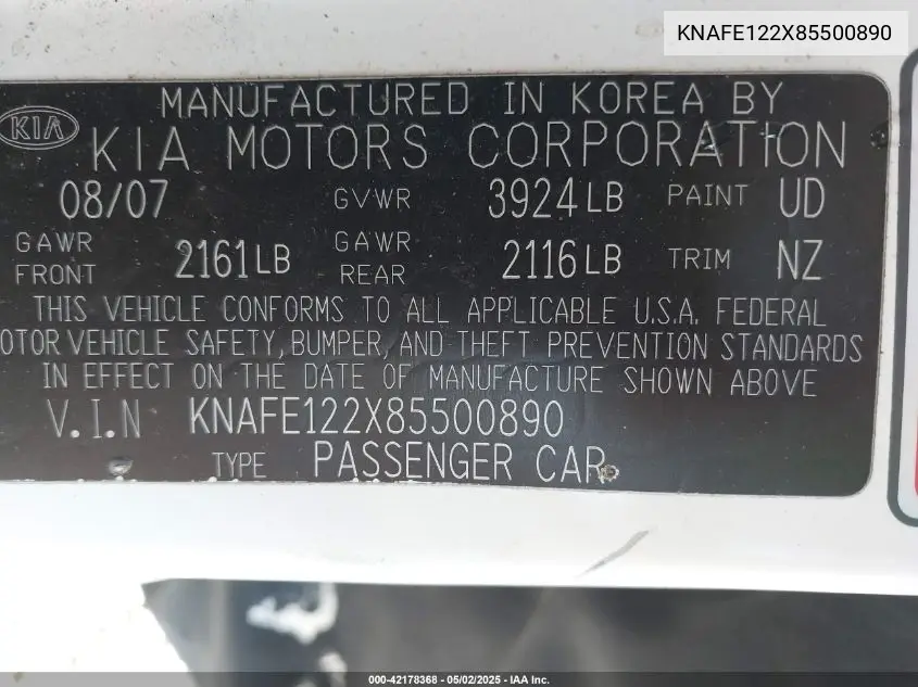 2008 Kia Spectra Ex VIN: KNAFE122X85500890 Lot: 42178368