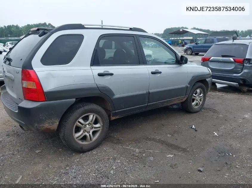 2008 Kia Sportage Lx V6 VIN: KNDJE723587534006 Lot: 42521375