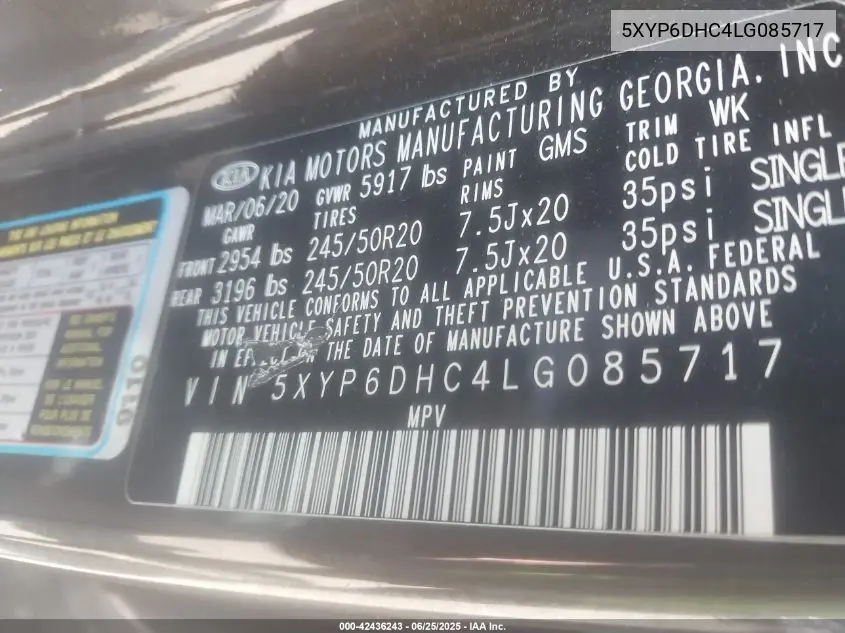 2020 Kia Telluride S VIN: 5XYP6DHC4LG085717 Lot: 42436243