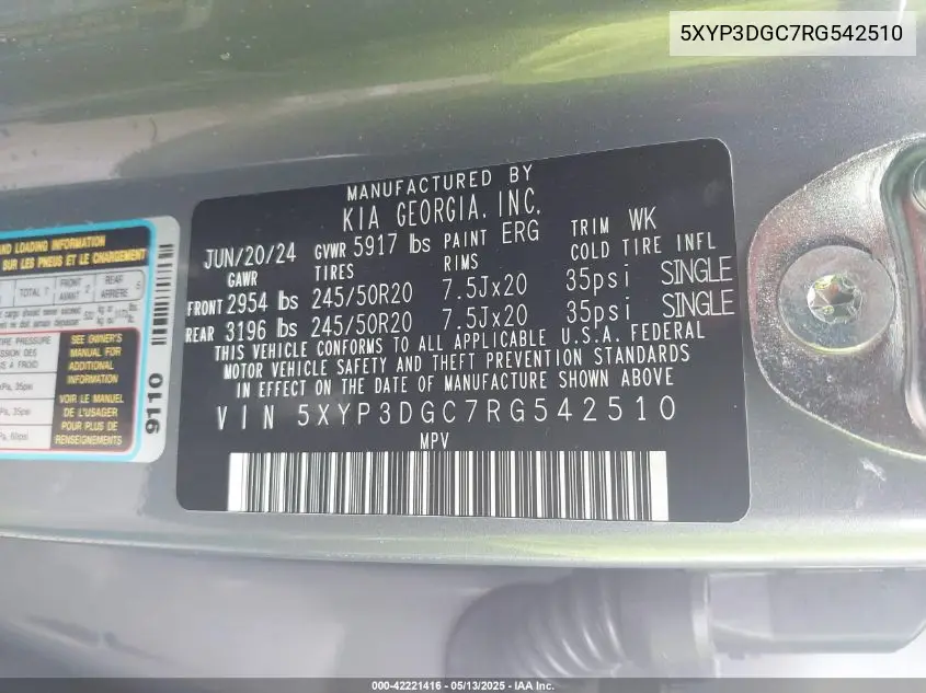 2024 Kia Telluride Ex X-Line VIN: 5XYP3DGC7RG542510 Lot: 42221416