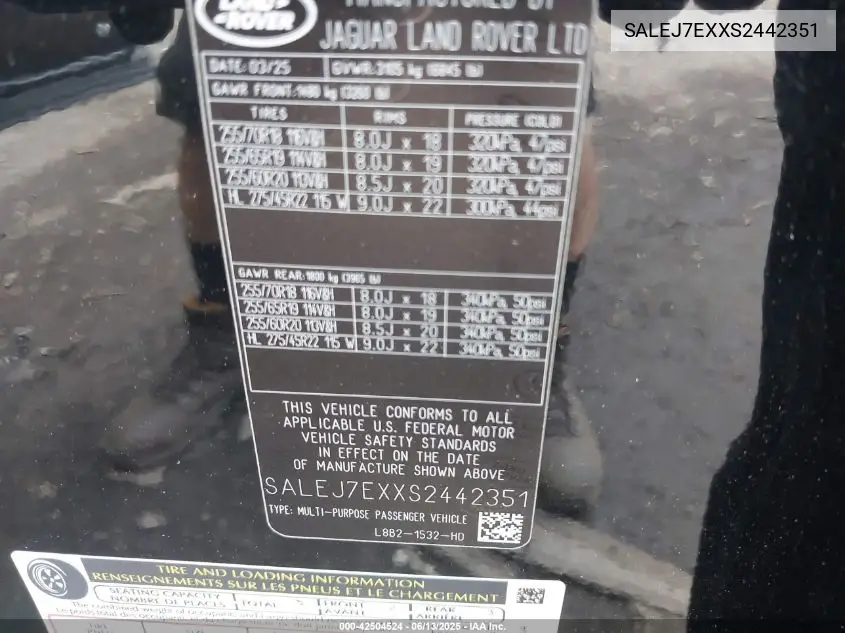 2025 Land Rover Defender 110 P300 VIN: SALEJ7EXXS2442351 Lot: 42504524