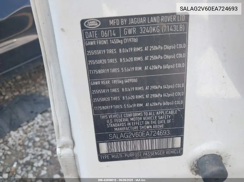 2014 Land Rover Lr4 VIN: SALAG2V60EA724693 Lot: 42586015