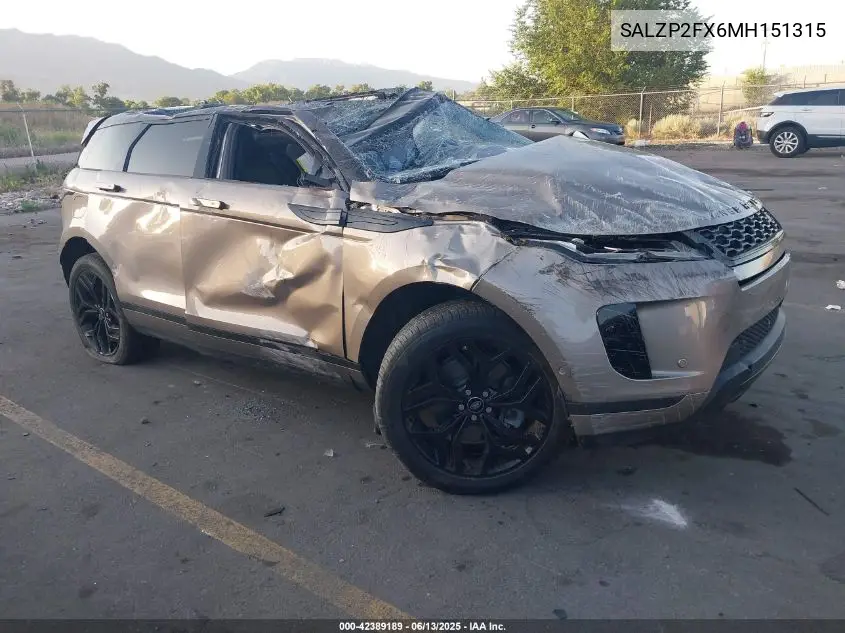 2021 Land Rover Range Rover Evoque Se VIN: SALZP2FX6MH151315 Lot: 42389189