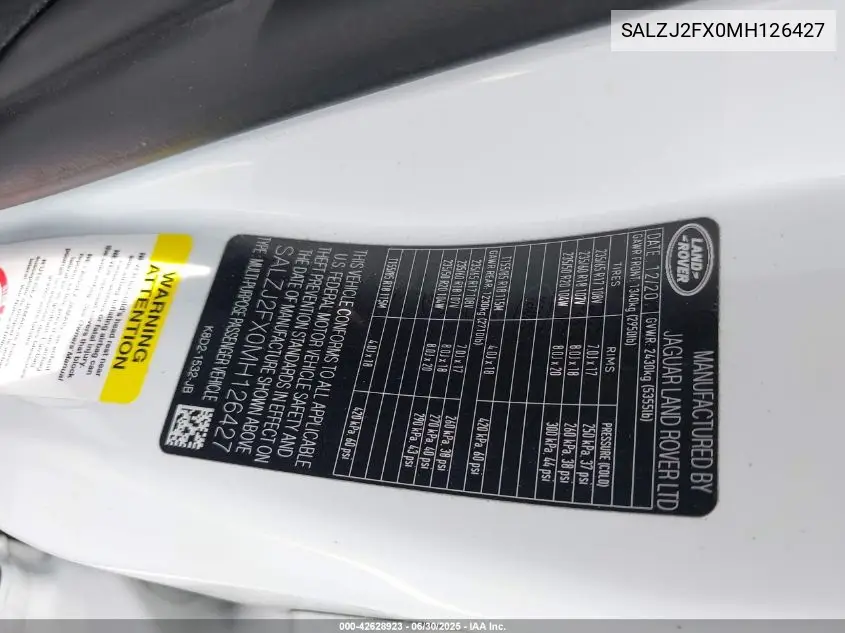 SALZJ2FX0MH126427 2021 Land Rover Range Rover Evoque S