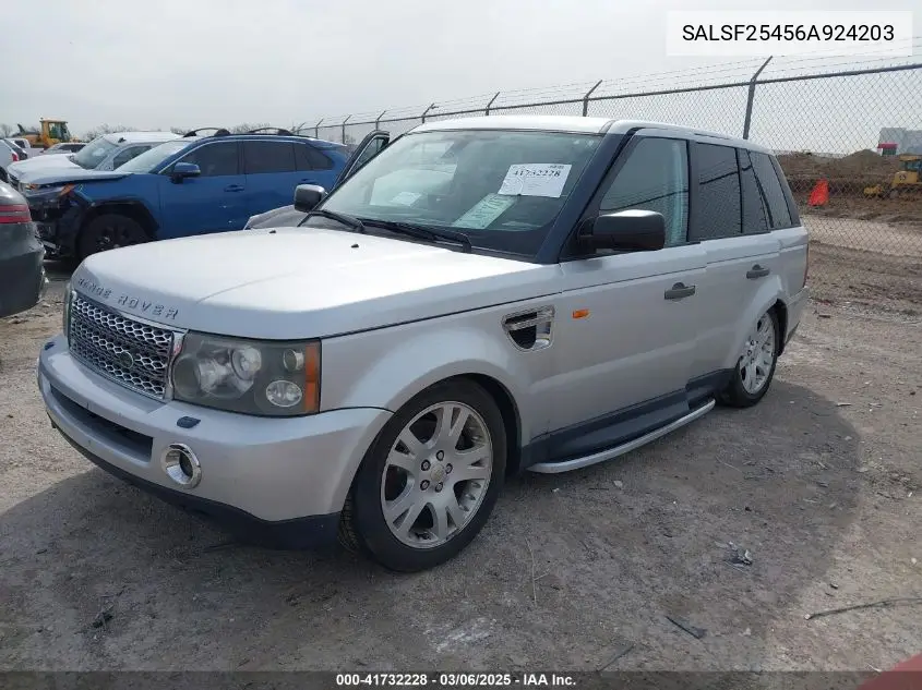 2006 Land Rover Range Rover Sport Hse VIN: SALSF25456A924203 Lot: 41732228
