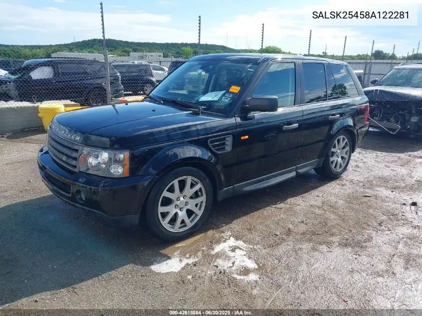 2008 Land Rover Range Rover Sport Hse VIN: SALSK25458A122281 Lot: 42618584