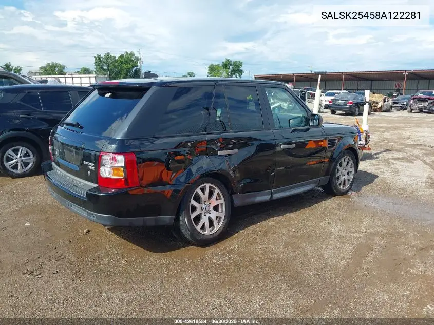 2008 Land Rover Range Rover Sport Hse VIN: SALSK25458A122281 Lot: 42618584