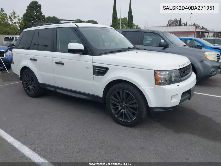 2011 Land Rover Range Rover Sport Hse VIN: SALSK2D40BA271951 Lot: 42533639