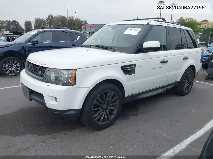 2011 Land Rover Range Rover Sport Hse VIN: SALSK2D40BA271951 Lot: 42533639
