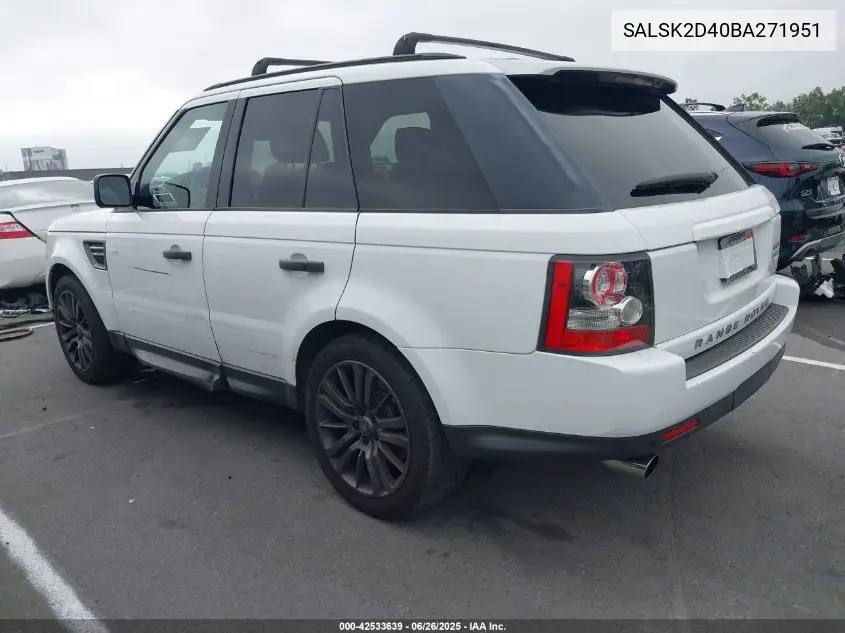 2011 Land Rover Range Rover Sport Hse VIN: SALSK2D40BA271951 Lot: 42533639
