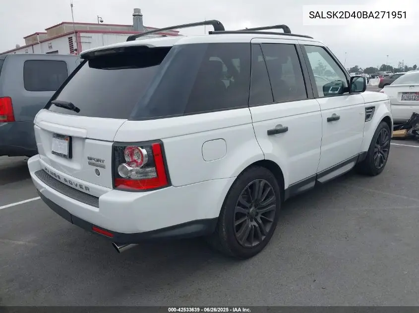 2011 Land Rover Range Rover Sport Hse VIN: SALSK2D40BA271951 Lot: 42533639
