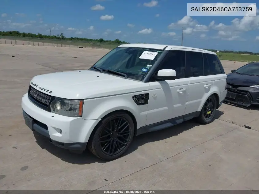 2012 Land Rover Range Rover Sport Hse VIN: SALSK2D46CA753759 Lot: 42457787