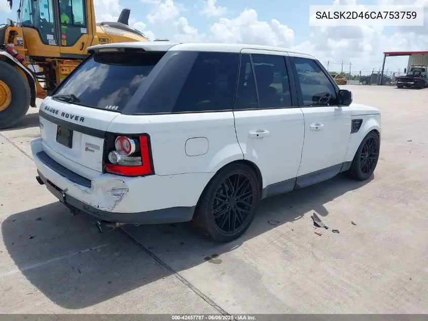 2012 Land Rover Range Rover Sport Hse VIN: SALSK2D46CA753759 Lot: 42457787