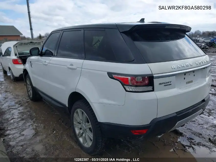 2016 Land Rover Range Rover Sport Hse VIN: SALWR2KF8GA580298 Lot: 12282387