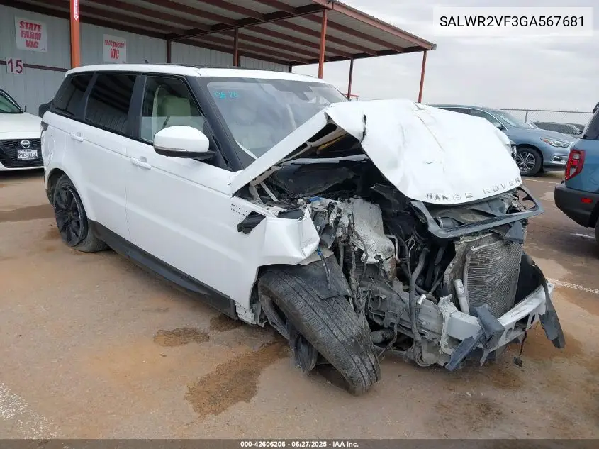 2016 Land Rover Range Rover Sport 3.0L V6 Supercharged Hse VIN: SALWR2VF3GA567681 Lot: 42606206
