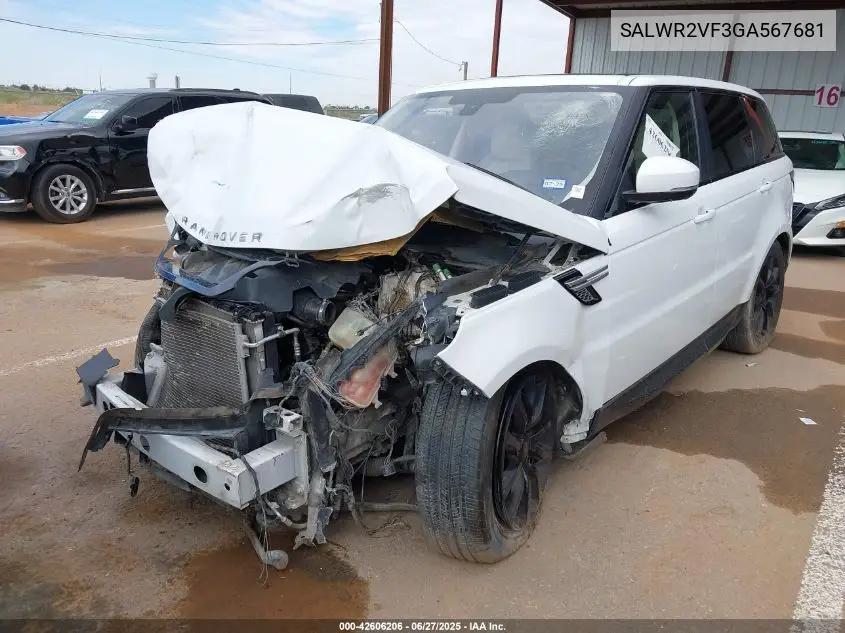 2016 Land Rover Range Rover Sport 3.0L V6 Supercharged Hse VIN: SALWR2VF3GA567681 Lot: 42606206