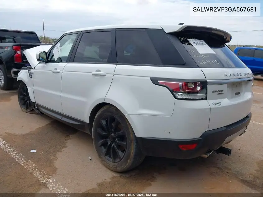 2016 Land Rover Range Rover Sport 3.0L V6 Supercharged Hse VIN: SALWR2VF3GA567681 Lot: 42606206