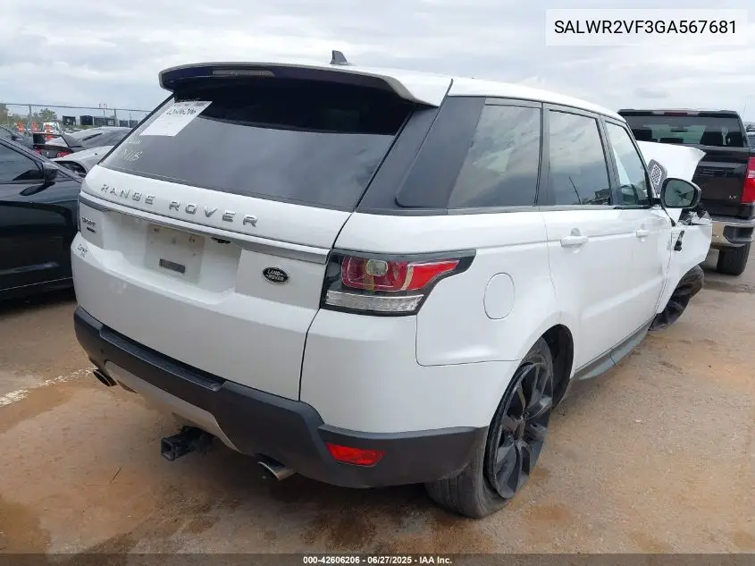 2016 Land Rover Range Rover Sport 3.0L V6 Supercharged Hse VIN: SALWR2VF3GA567681 Lot: 42606206