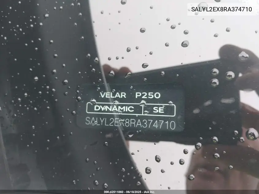 2024 Land Rover Range Rover Velar P250 Dynamic Se VIN: SALYL2EX8RA374710 Lot: 42511860