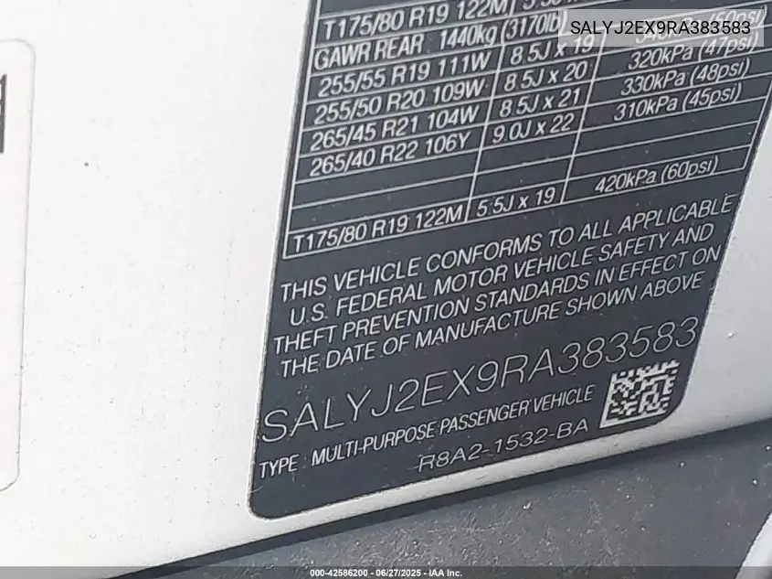 2024 Land Rover Range Rover Velar P250 S VIN: SALYJ2EX9RA383583 Lot: 42586200