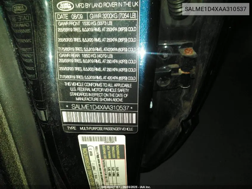 2010 Land Rover Range Rover Hse VIN: SALME1D4XAA310537 Lot: 42427151