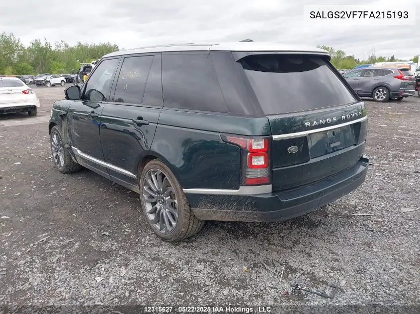 2015 Land Rover Range Rover Hse VIN: SALGS2VF7FA215193 Lot: 12315627