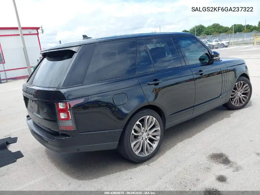 2016 Land Rover Range Rover 3.0L V6 Turbocharged Diesel Hse Td6 VIN: SALGS2KF6GA237322 Lot: 42608878