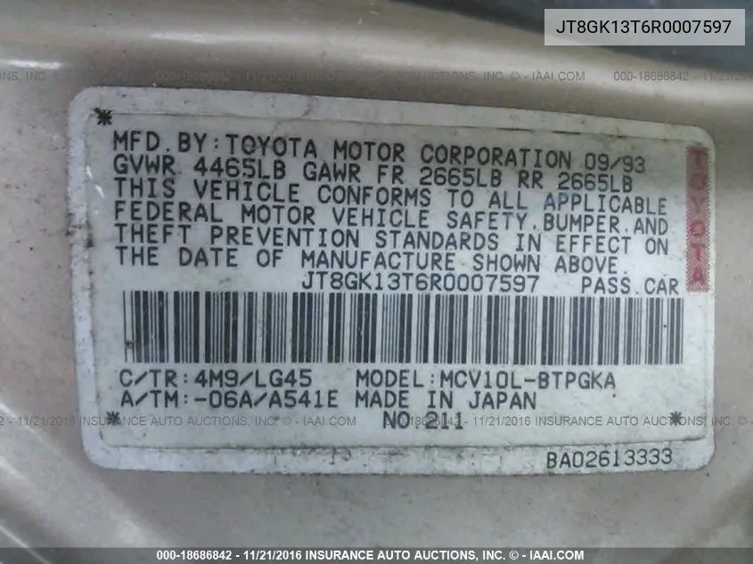 1994 Lexus Es 300 VIN: JT8GK13T6R0007597 Lot: 18686842