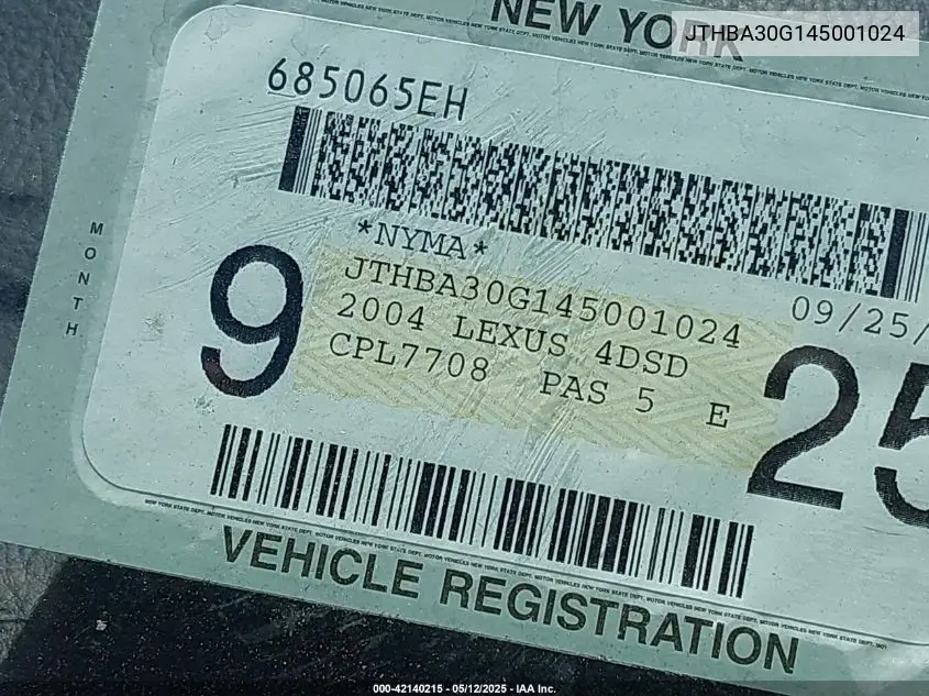 2004 Lexus Es 330 VIN: JTHBA30G145001024 Lot: 42140215