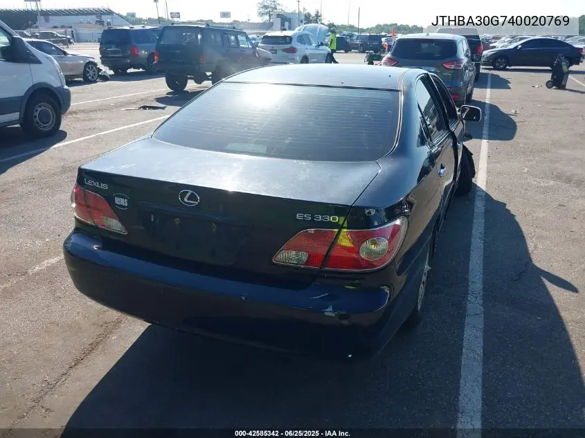 2004 Lexus Es 330 VIN: JTHBA30G740020769 Lot: 42585342
