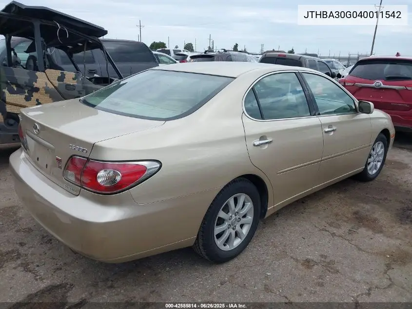 2004 Lexus Es 330 VIN: JTHBA30G040011542 Lot: 42585814