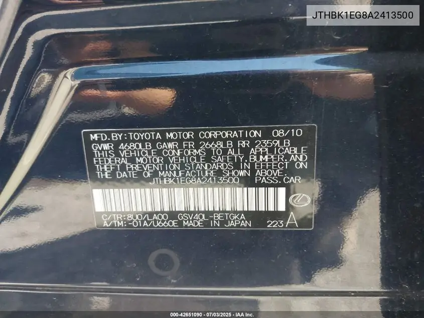 2010 Lexus Es 350 VIN: JTHBK1EG8A2413500 Lot: 42651090