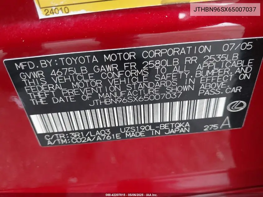 2006 Lexus Gs 430 VIN: JTHBN96SX65007037 Lot: 42207815