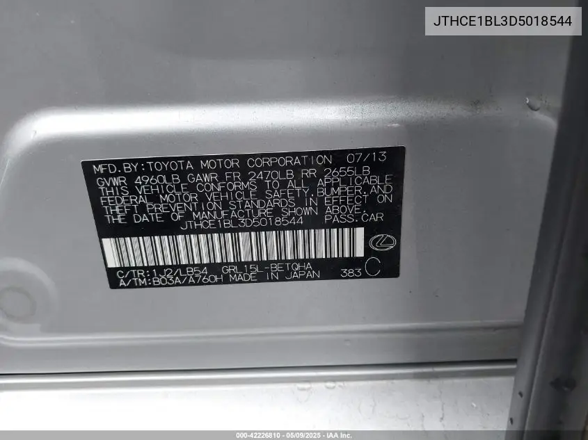 2013 Lexus Gs 350 VIN: JTHCE1BL3D5018544 Lot: 42226810