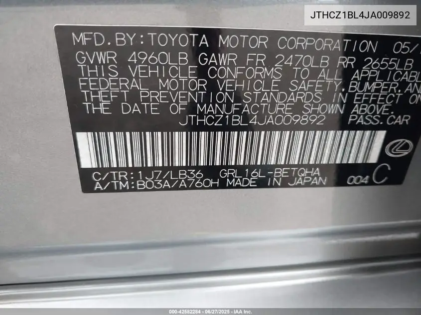 2018 Lexus Gs 350 F Sport VIN: JTHCZ1BL4JA009892 Lot: 42582284